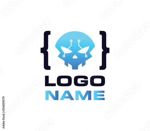 Digital skull logo with coding brackets