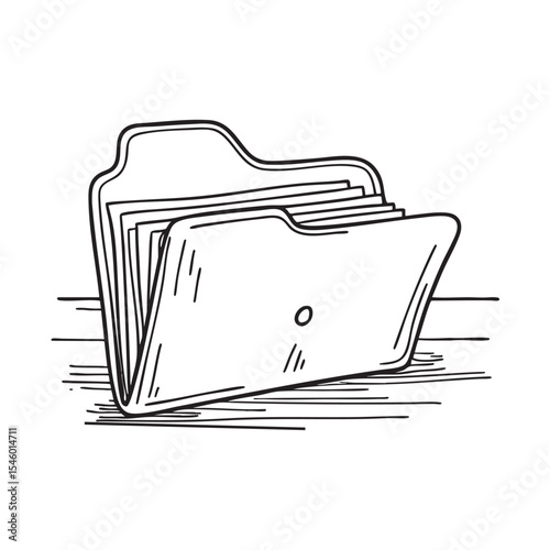 An open folder lying on a cluttered table
