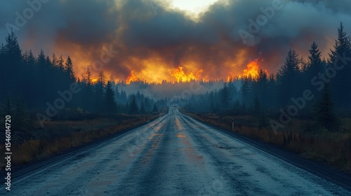 Fototapeta Naklejka Na Ścianę i Meble -  A dark and foreboding forest fire rages along the horizon casting an ominous glow over a wet and empty road leading into the distance