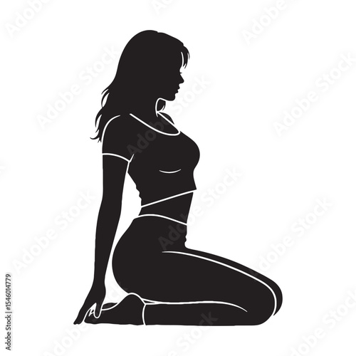 Pensive woman kneeling with a reflective look, lost in her thoughts - woman kneeling silhouette - woman kneeling Vector - Silhouette of woman kneeling
