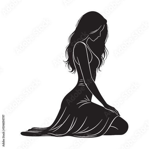 Patient lady kneeling quietly, showing a sense of gentle waiting - lady kneeling silhouette - lady kneeling Vector - Silhouette of lady kneeling
