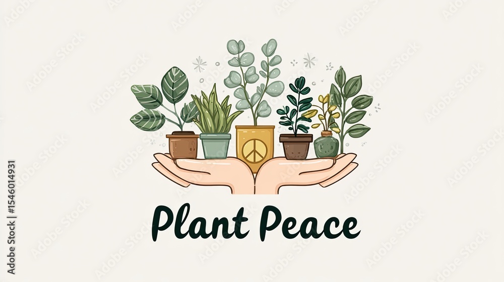 Hands holding potted houseplants with peace symbol and text Plant Peace in eco friendly illustration design Hands holding potted houseplants with peace symbol and text Plant Peace in eco friendly illustration design