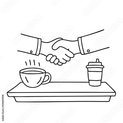 Two hands shaking over a café table with a coffee cup