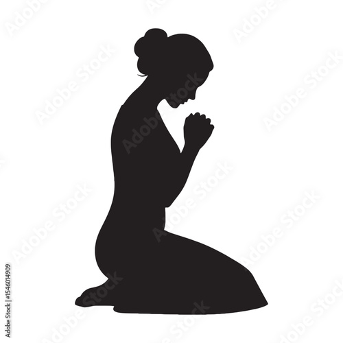 Thoughtful woman kneeling in a quiet pose, deep in contemplation - woman kneeling silhouette - woman kneeling Vector - Silhouette of woman kneeling
