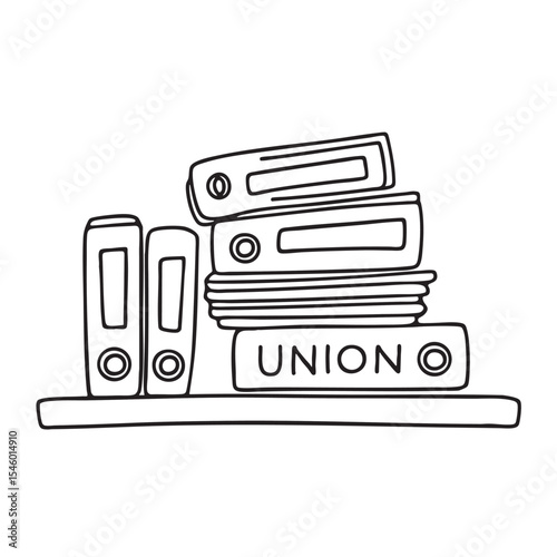 Folders piled on a tabletop bearing the label union
