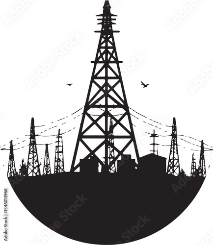 Silhouette of Urban Power Grid with Transmission Towers and Birds

