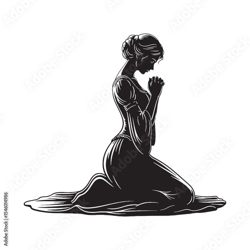 Praying woman kneeling in devoted posture, deep in spiritual thought - woman kneeling silhouette - woman kneeling Vector - Silhouette of woman kneeling
