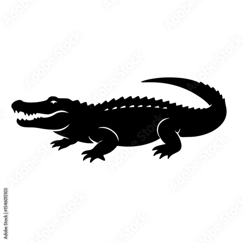 Black and white vector silhouette of a alligator on white background