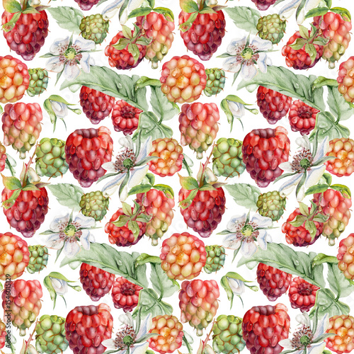 Raspberry ripe garden berries, flowers in water dew drops. Seamless isolated pattern tile hand drawn in watercolor. Home preserves, food store decor, textile washi tape, packaging, wrapping paper