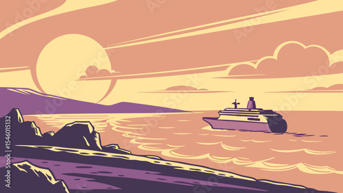 A scenic view of a cruise ship sailing on calm waters near a rocky shore under a sunset sky scene