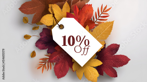 Festive discount tag design embellished with autumn leaves showcasing 10 percent off offer