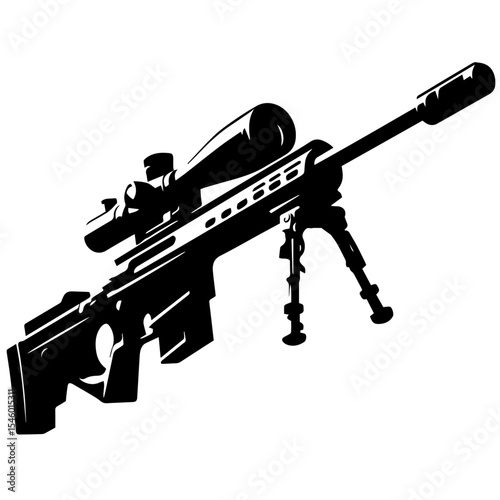 Black and white vector silhouette of a sniper on white background