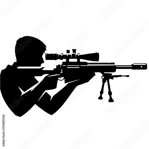 Black and white vector silhouette of a sniper on white background
