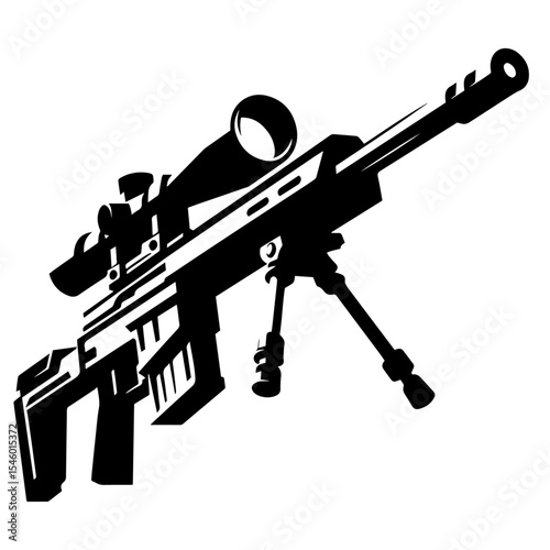 Black and white vector silhouette of a sniper on white background