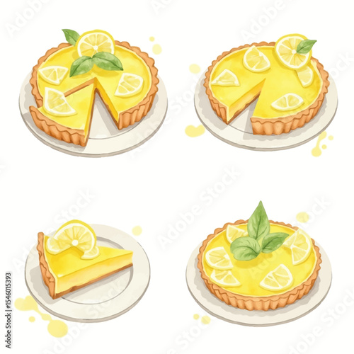 Four Watercolor Lemon Tarts with Slices and Fresh Herbs.