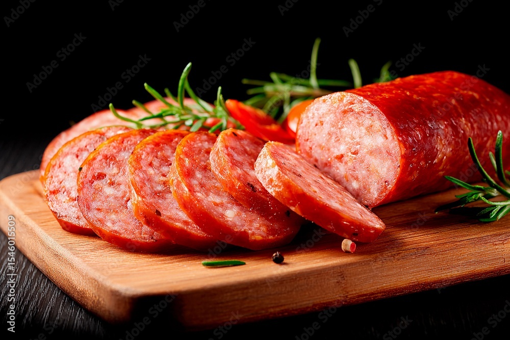 Cured sausage slices arranged neatly on a wooden board, accompanied by sprigs of fresh rosemary and peppercorns, create a visually appealing appetizer in a low-light environment Cured sausage slices arranged neatly on a wooden board, accompanied by sprigs of fresh rosemary and peppercorns, create a visually appealing appetizer in a low-light environment