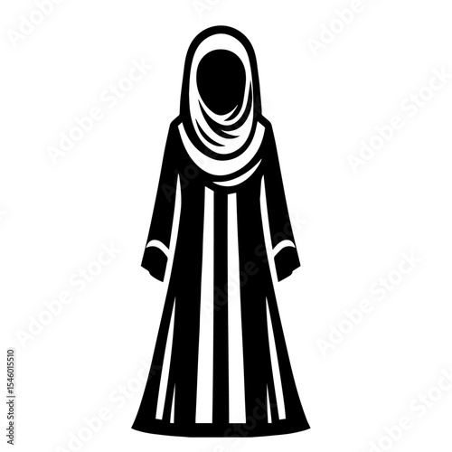 Black and white vector silhouette of a abaya on white background