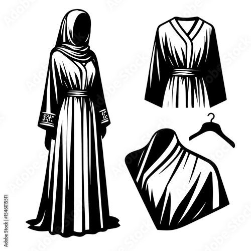 Black and white vector silhouette of a abaya on white background