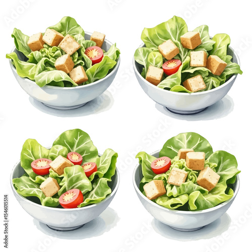 Four Watercolor Bowls of Fresh Caesar Salad with Croutons and Cherry Tomatoes.