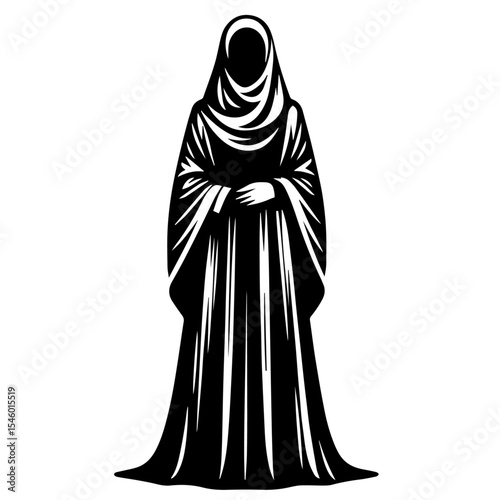 Black and white vector silhouette of a abaya on white background