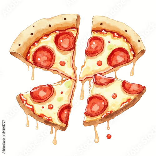 Four Watercolor Pizza Slices with Melted Cheese and Pepperoni.