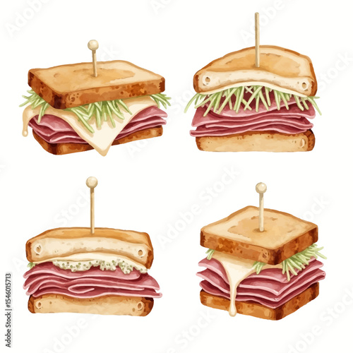 Watercolor Illustration of Four Gourmet Pastrami Sandwiches.