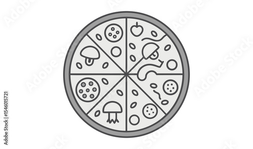 Simple line art pizza with various toppings illustration