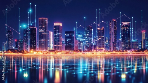 Vibrant City Skyline with Digital Connectivity at Night