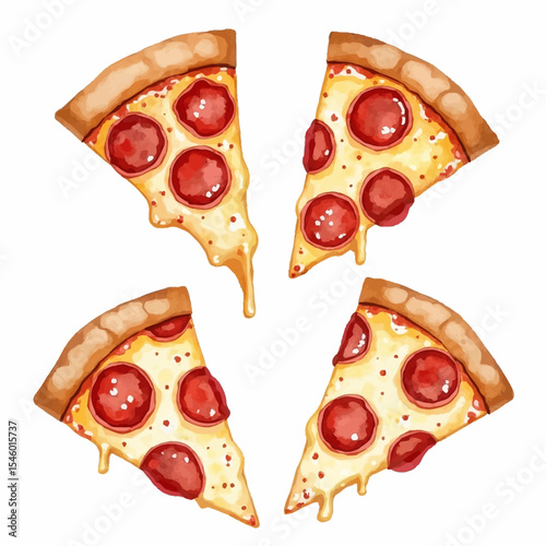 Watercolor Pizza Slices with Pepperoni and Dripping Melted Cheese.