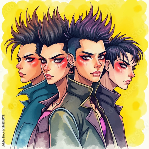 Four Punk Rockers with Spiked Hair and Dramatic Makeup Posing Together.