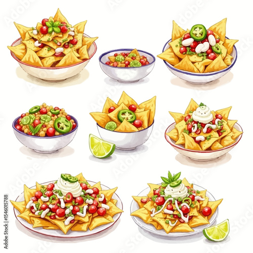 Watercolor Style Illustration of Various Nachos Dishes with Toppings.