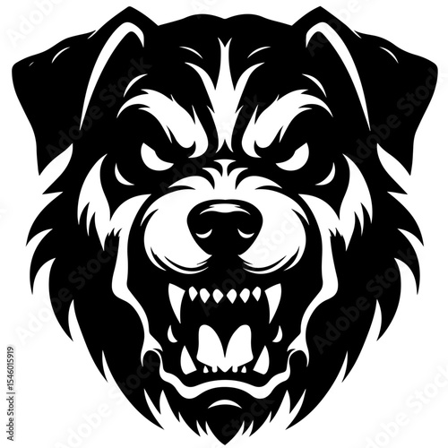Black and white vector silhouette of a furious dog face on white background