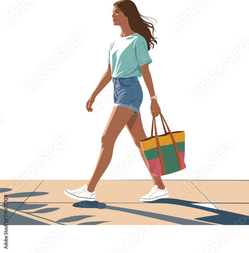 Woman walking outdoors carrying colorful tote bag, summer fashion