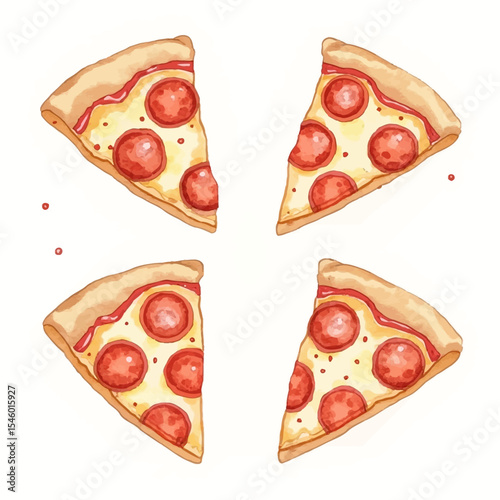 Pepperoni Pizza Slices Arranged in a Circular Pattern Watercolor Style.