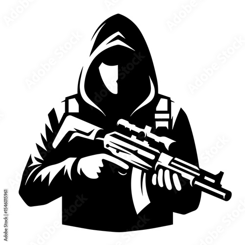 Black and white vector silhouette of a assassin on white background