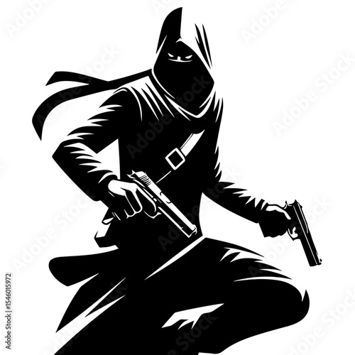 Black and white vector silhouette of a assassin on white background