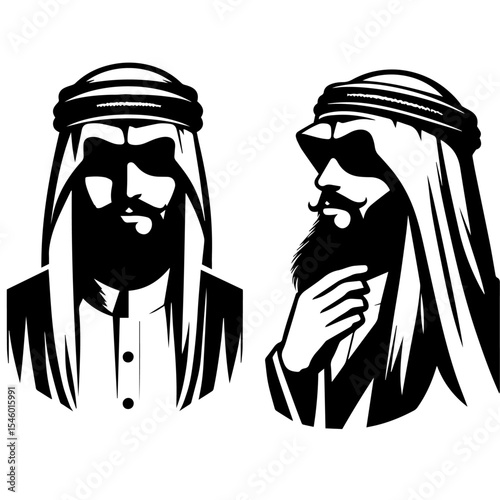 Black and white vector silhouette of a arab man on white background
