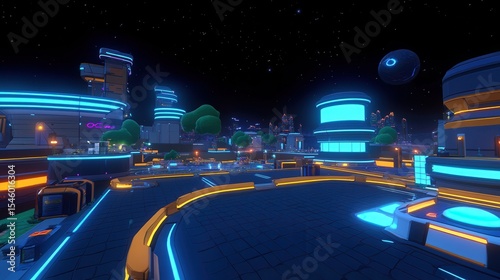 Futuristic City at Night with Neon Lights and Starry Sky Display