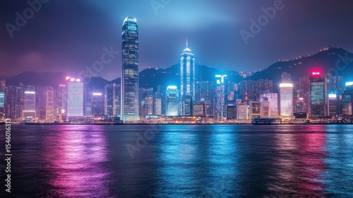 Vibrant City Skyline at Night with Reflections in Water