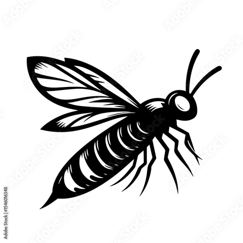 Black and white vector silhouette of a bee on white background