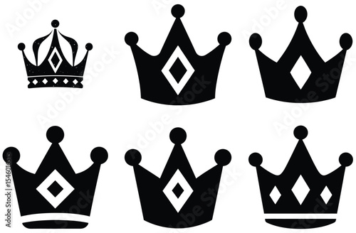 Minimalist Black Crown Vector Set – Flat Royalty Icons for Logo and Branding Design"

