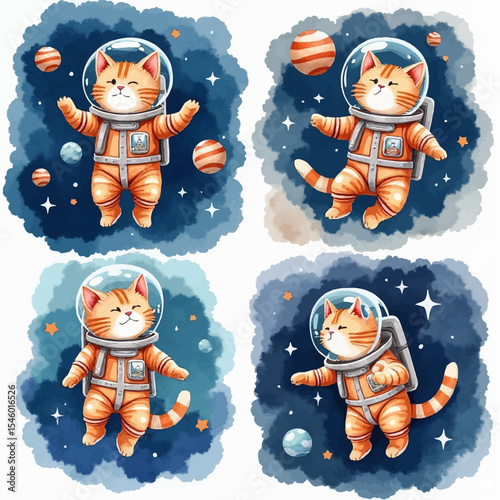 Four Watercolor Orange Tabby Cats in Astronaut Suits Floating in Space.