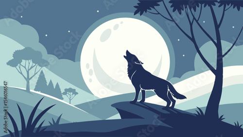 Illustration of a howling wolf silhouette against a full moon in a serene landscape at night time