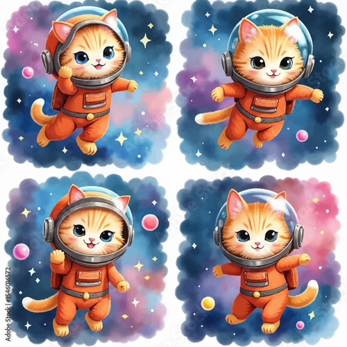 Four orange tabby kittens joyfully floating in space wearing orange spacesuits.