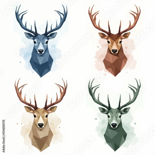 Four Geometric Deer Heads with Watercolor Accents in Varied Hues.