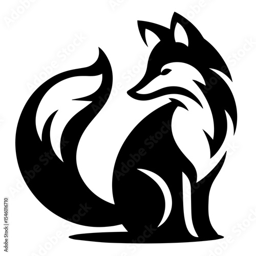 Black and white vector silhouette of a fox on white background