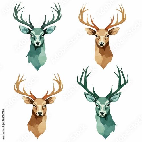 Watercolor Deer Heads with Antlers in Teal and Brown Tones Artistic Illustration.