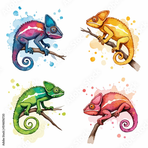 Watercolor Chameleons: Blue Yellow Green and Pink Reptiles on Branches.