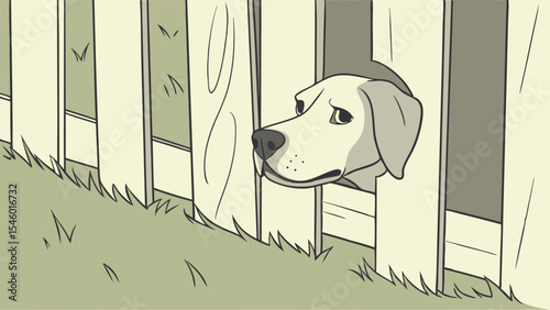A dog peers through a white picket fence with grass visible at the bottom of the fence in a yard scene
