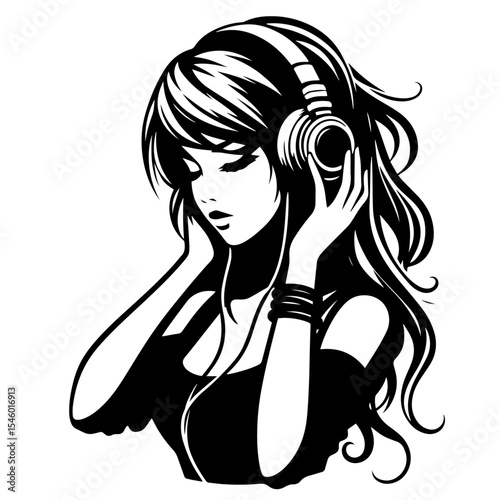 Black and white vector silhouette of a girl in headphones on white background